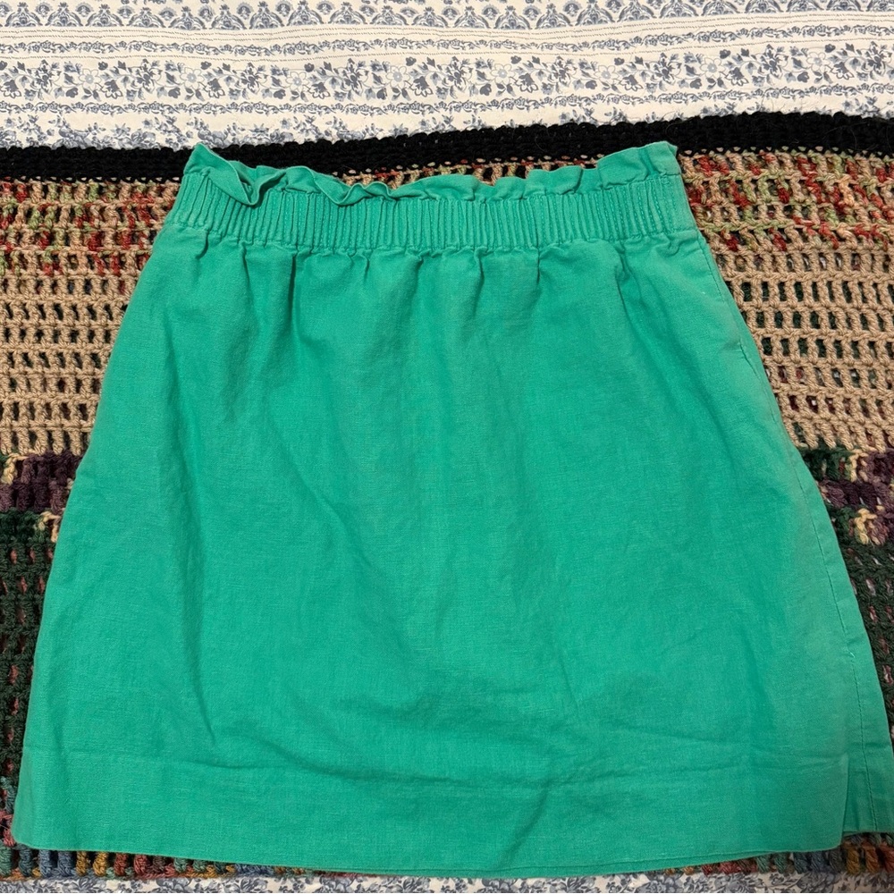 J.Crew Sidewalk Linen Cotton Skirt Green Elastic Waist Size 8